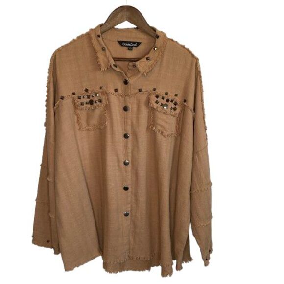 DAVI & DANI Tops - Davi & Dani Womens Oversized Studded Frayed Shirt Size 1XL Tan Edgy Boho Western